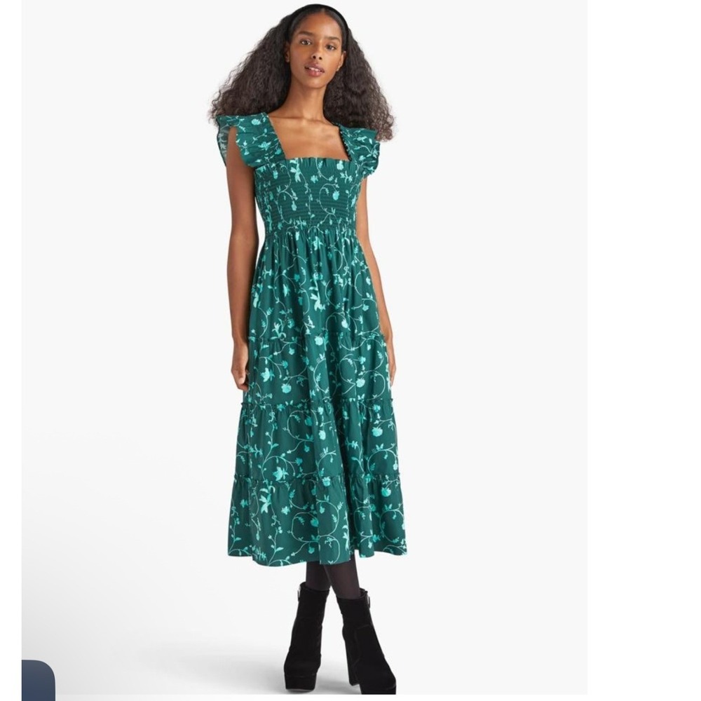 Hill House Home The Ellie Nap Dress Women XS Green Botanical Floral Smocked Midi - Picture 2 of 9